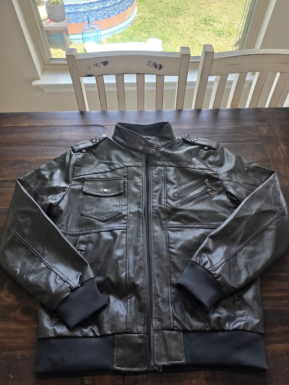Men’s Black Faux Leather Moto Jacket PU Biker Military Style Size L